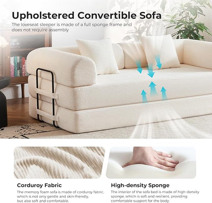 79" 5-in-1 Convertible Sofa Bed No Assembly, Boneless Couch Bed with High Density Foam, Foldable Sleeper Sofa, Corduroy Modular Couch for Apartment, Studio, Dorm Room, Small Space, Beige White