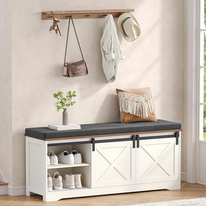 Farmhouse Storage Bench with Cushion, 47.2" Shoe Bench with Slide Barn Doors and Adjustable Shelves, Entryway Bench with Storage for Bedroom, Closet, Living Room, Hallway, White