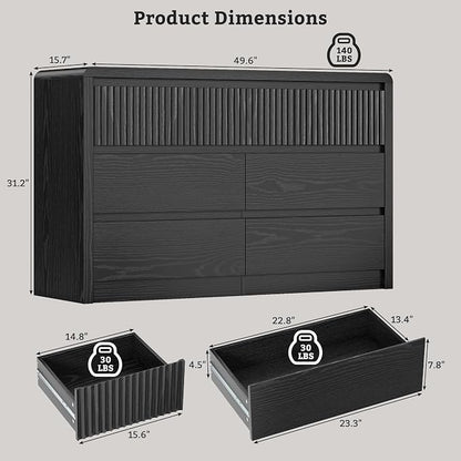 LYNSOM 7 Drawer Dresser for Bedroom, 50" Wide Fluted Dresser with Curved Corners, Wood Dressers & Chests of Drawers with Dual-Panel Design for Bedroom, Entryway, Black