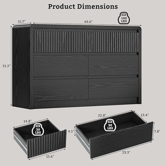 LYNSOM 7 Drawer Dresser for Bedroom, 50" Wide Fluted Dresser with Curved Corners, Wood Dressers & Chests of Drawers with Dual-Panel Design for Bedroom, Entryway, Black