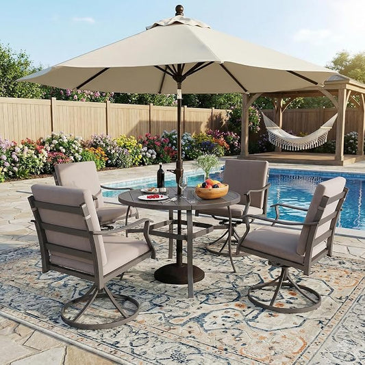 EROMMY 5-Piece Outdoor Patio Dining Set, 4 Swivel Chairs with Removable Cushions & Round Metal Table with Umbrella Hole, All-Weather Furniture for Backyard, Garden and Deck