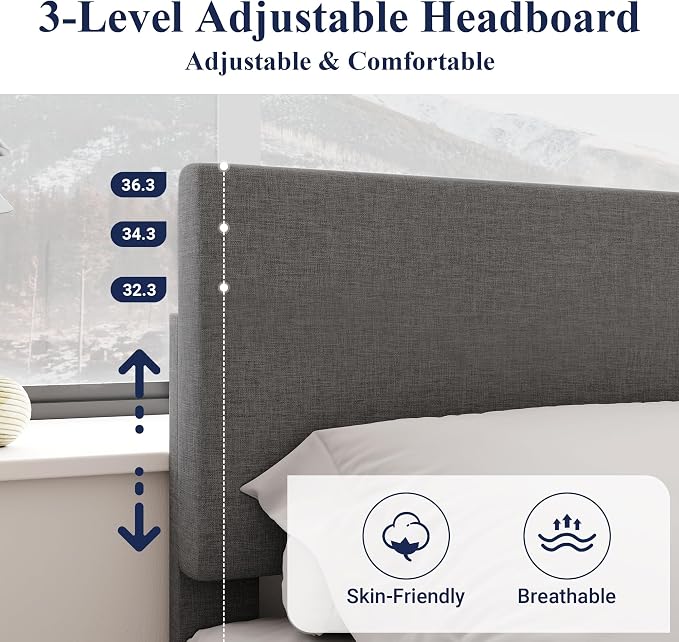 Allewie Queen Bed Frame with Adjustable Headboard, Upholstered Platform Bed with Wood Slats, Heavy Duty Mattress Foundation, No Box Spring Needed, Noise-Free, Easy Assembly, Dark Grey
