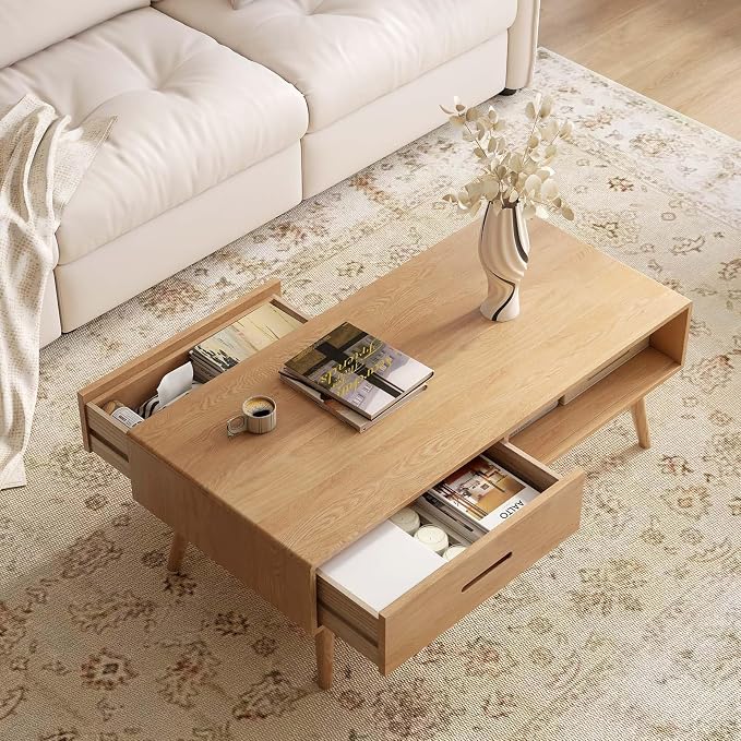 100% Solid Wood Coffee Table for Living Room, 39.37'' W Mid-Century Modern Coffee Table with Storage Shelf and 2 Drawers, Oak Coffee Tables for Home (Original Wood Color)