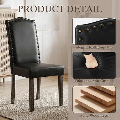 LSSBOUGHT PU Dining Chair Set of 2 Upholstered Parsons Kitchen Chair with Copper Nails and Solid Wood Legs for Dining Room,Restaurant(Black)