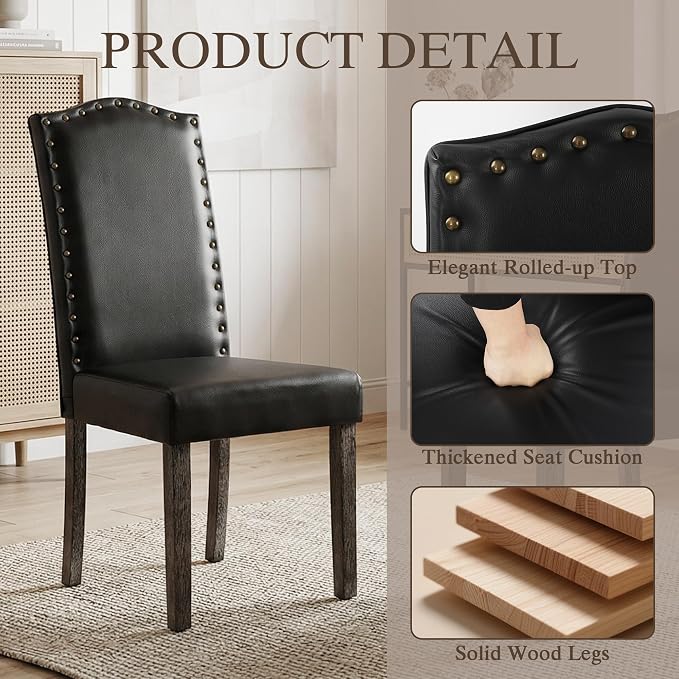 LSSBOUGHT Dining Chair Upholstered Parsons Kitchen Chair with Copper Nails and Solid Wood Legs (Black-pu, Set of 6)