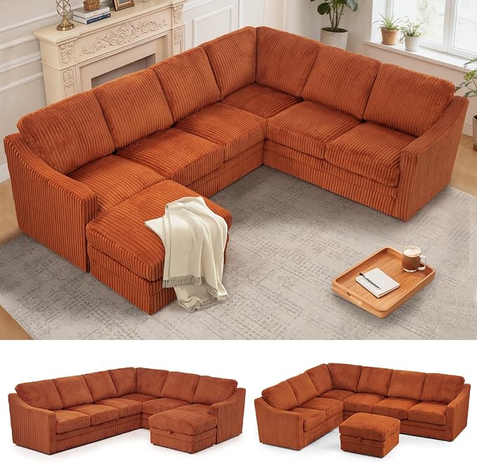 115 Inches Corduroy Sectional Sofa with Storage Ottoman, Modern 7 Seats Corner Couch with Deep Seat, Comfy Modular U Shaped Couch with Comfortable Cushions for Living Room, Orange