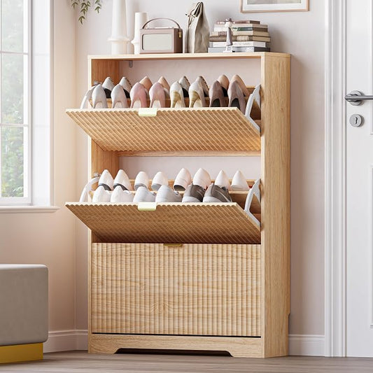BORNOON Entryway Shoe Cabinet with 3 Flip Drawers, Narrow Shoe Organizer Cabinet with Fluted Panel and Adjustable Shelves for Foyer, Hallway