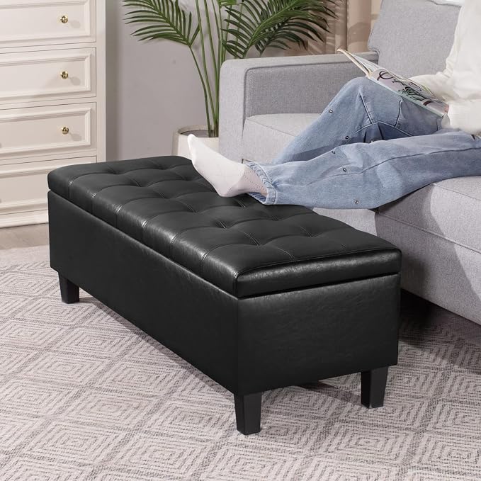 Asense 45" Storage Ottoman Bench,Faux Leather Upholstered Ottoman with Legs,Tufted Ottoman with Safety Hinge,Storage Bench for Bedroom,Living Room,Entryway,Black