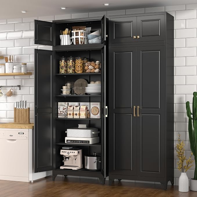 Polup Kitchen Pantry Cabinet, Metal Food Pantry cabinets with Doors and Shelves, 90" Tall Storage Cabinet for Dining, Living Room, Black, 16" D x 32" W x 90" H, Assembly Required