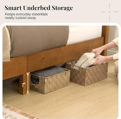 Jocisland 58" Tall Solid Wood Queen Bed Frame with Upholstered Headboard & Footboard, Wooden Platform Bedframe, No Box Spring Needed, Easy Assembly, Modern Farmhouse Style, Walnut, Linen
