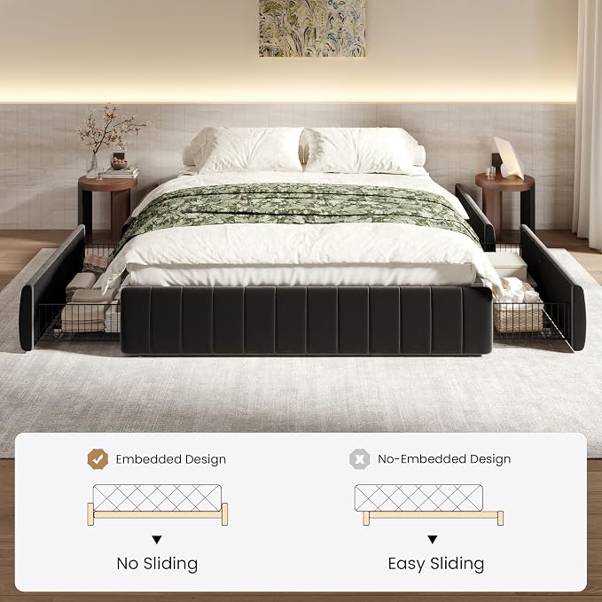 SHA CERLIN Queen Size Velvet Upholstered Platform Bed Frame with 4 Storage Drawers, Vertical Channel Tufted, Low Profile, Fits Standard Headboards, Wooden Slats Support, Easy Assembly, Black