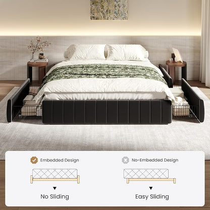 SHA CERLIN Queen Size Velvet Upholstered Platform Bed Frame with 4 Storage Drawers, Vertical Channel Tufted, Low Profile, Fits Standard Headboards, Wooden Slats Support, Easy Assembly, Black