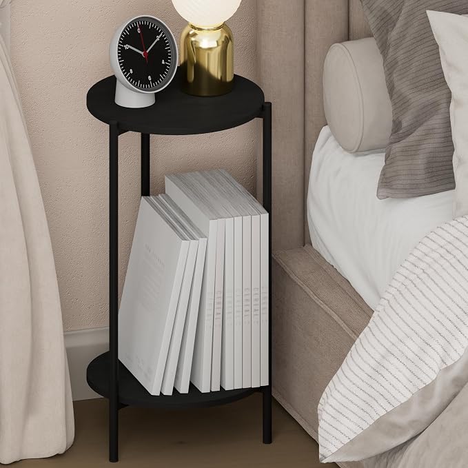 Furinno BESI Night Stand, 2-Tier Tall Round Nightstand with Metal Legs, Metal Frame Narrow End Table with Open Shelf, Side Table, Bedside Table, for Bedroom, Closet, Dorm, Americano