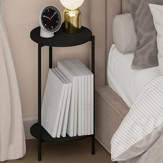 Furinno BESI Night Stand, 2-Tier Tall Round Nightstand with Metal Legs, Metal Frame Narrow End Table with Open Shelf, Side Table, Bedside Table, for Bedroom, Closet, Dorm, Americano