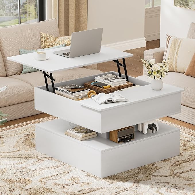 FABATO Lift Top Coffee Table with Storage and Hidden Compartment, Wood Square Coffee Table for Living Room, 31.5'' Small Center Table with Open Display Shelf for Dining Reception Room, White