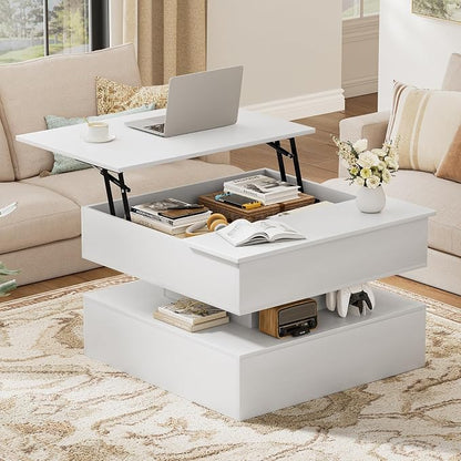FABATO Lift Top Coffee Table with Storage and Hidden Compartment, Wood Square Coffee Table for Living Room, 31.5'' Small Center Table with Open Display Shelf for Dining Reception Room, White