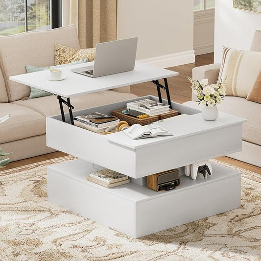 FABATO Lift Top Coffee Table with Storage and Hidden Compartment, Wood Square Coffee Table for Living Room, 31.5'' Small Center Table with Open Display Shelf for Dining Reception Room, White