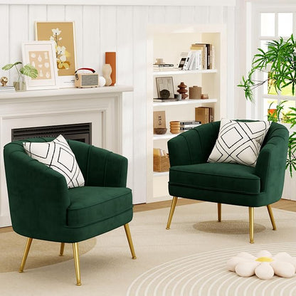 Andeworld Velvet Accent Chair Set of 2, Upholstered Modern Single Sofa Side Chair,Comfy Barrel Club Living Room Armchair with Golden Metal Legs for Bedroom Living Reading Room Office, Green
