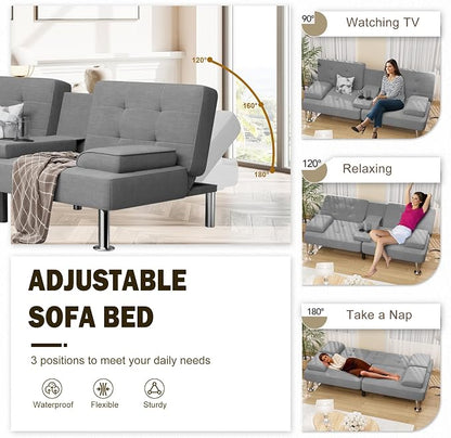 Shahoo Modern Linen Upholstered Convertible Folding Futon Sofa Bed with Removable Armrests, Metal Legs, 2 Cup Holders for Living Room, Light Grey