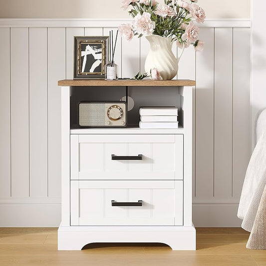 ChooChoo Farmhouse Night Stands with Charging Station, Wood Nightstand Set of 2 with 2 Drawers, Bedside Table with Open Storage Shelf for Bedroom, White