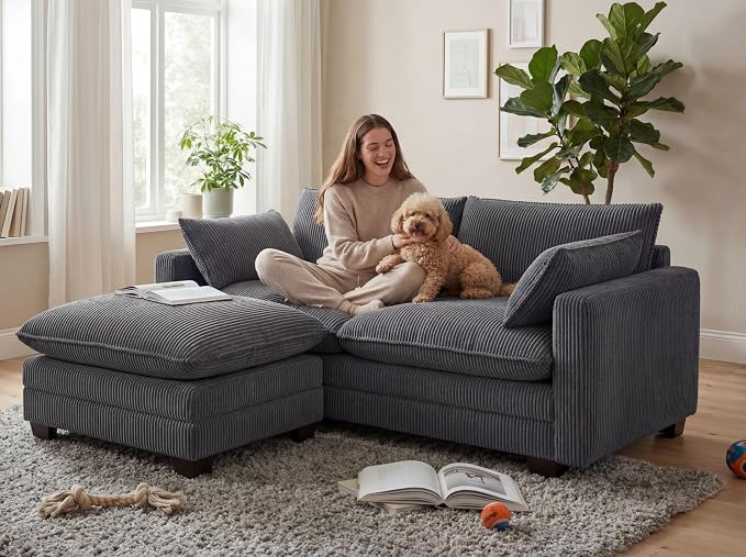 Gizoon 75'' Loveseat with Ottoman for Small Space L Shaped Cloud Coucher with Deep Seats, 2 Seater Love Seat Sofa with Washable Corduroy Cover for Living Room Bedroom, Gray
