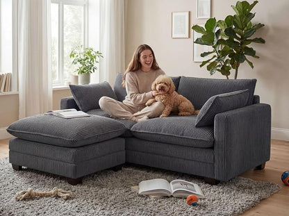 Gizoon 75'' Loveseat with Ottoman for Small Space L Shaped Cloud Coucher with Deep Seats, 2 Seater Love Seat Sofa with Washable Corduroy Cover for Living Room Bedroom, Gray