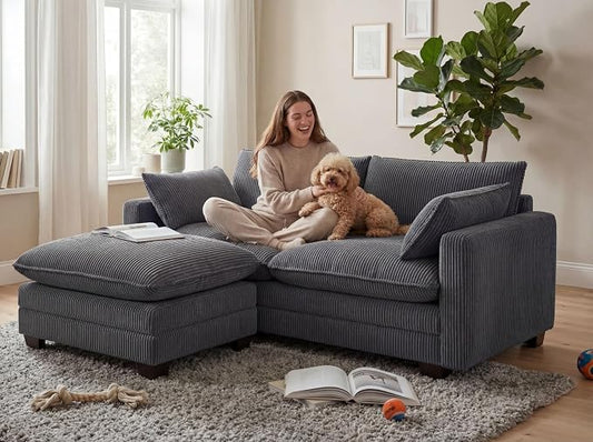 Gizoon 75'' Loveseat with Ottoman for Small Space L Shaped Cloud Coucher with Deep Seats, 2 Seater Love Seat Sofa with Washable Corduroy Cover for Living Room Bedroom, Gray