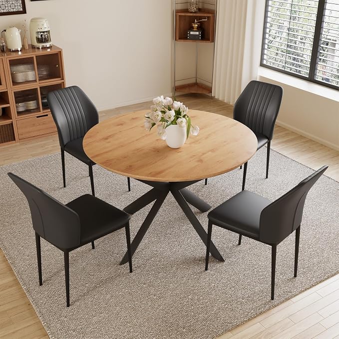 HIPIHOM Oak Extendable Round Dining Kitchen Table 43.2"-59.1" | Mid century modern style, sturdy construction, space saving, fits 4-6 people, coffee table alternative