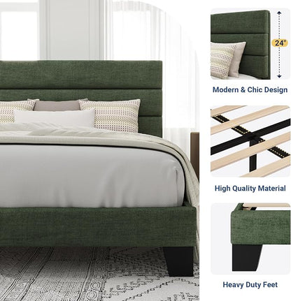 Allewie Queen Size Platform Bed Frame with Fabric Upholstered Headboard and Wooden Slats Support, Fully Upholstered Mattress Foundation/No Box Spring Needed/Easy Assembly, Green