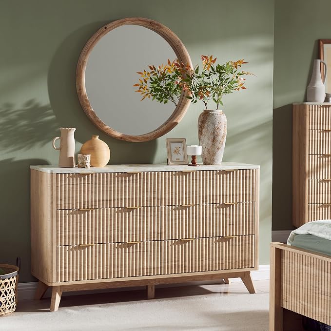 T4TREAM Fluted 6 Drawers Dresser, 54" Wide Modern Chest of Drawers with Faux Marble Top, Curved Profile Design, Dresser TV Stand, Wood Drawer Organizer for Bedroom, Living Room, Hallway, Natural Oak