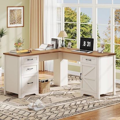 Halitaa 59” L Shaped Executive Desk with Power Outlets, Farmhouse Home Office Desk with File Drawer,Storage Cabinet, Wood Corner Sturdy Writing Workstation.White-Brown