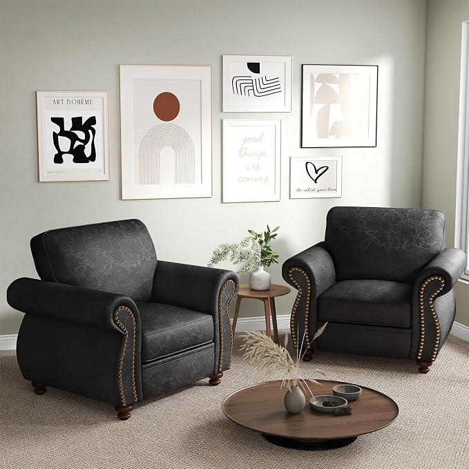 Couchus Vintage Accent Chair with Rivet Decoration, Traditional Upholstered Armchair, Living Room Chair, Rustic Single Sofa Chair for Bedroom, Reading Room & Office (Grey, Single)