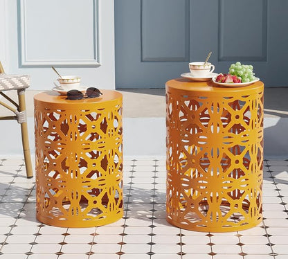 HFHOME Set of 3 Metal Outdoor Side Table, Nesting Round Coffee Table for Indoor Outdoor, Heavy Duty End Tables Plant Stand Living Room Garden Stool - Orange