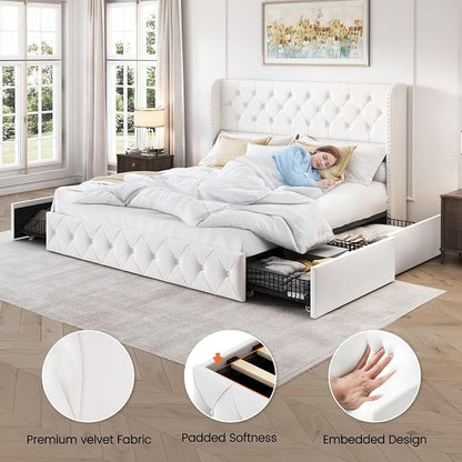 LARMACE King Size Bed Frame with 4 Storage Drawers and 47.2" Tall Wingback Headboard Velvet Upholstered Platform Bed Frame Tufted Beds with Wooden Slats Support, Easy Assembly, White