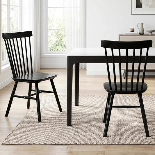 AreShark Windsor Dining Chairs, Farmhouse Wooden Dining Room Chairs, Solid Wood Kitchen Chairs with Spindle Back Set of 2, Black