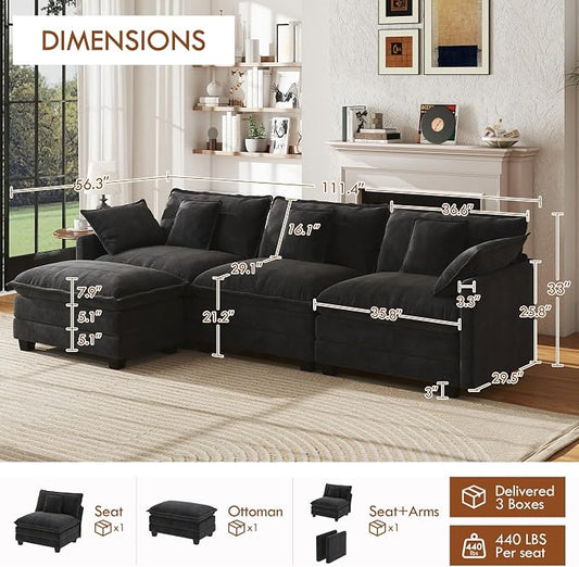 WorthFurni 111.4” Cloud Couch Modular Sectional Sofa with Ottoman, Comfy Modern 3-Seater Couches with Pillows & Upholstered Deep Seat Cushion for Apartment Living Room Bedroom (Black)