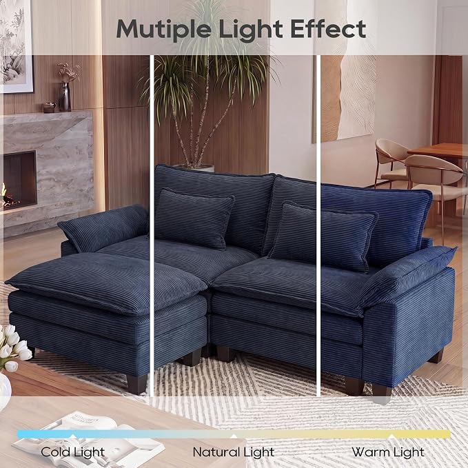 URRED Oversized Modular Sectional Sofa, 87" L Shaped Modern Comfy Cloud Couch with Movable Ottoman & Pillows, Deep Seat Couches for Living Room, Bedroom or Apartment (Corduroy Blue, 87" L Shaped)