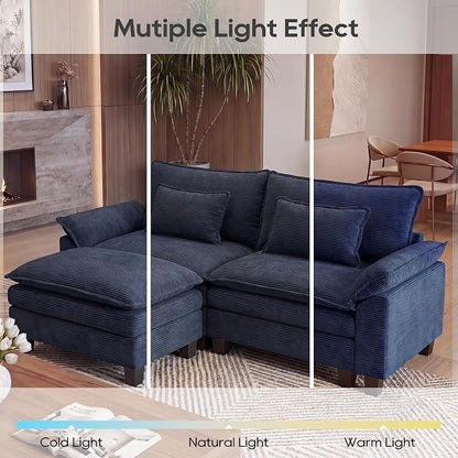 URRED Oversized Modular Sectional Sofa, 87" L Shaped Modern Comfy Cloud Couch with Movable Ottoman & Pillows, Deep Seat Couches for Living Room, Bedroom or Apartment (Corduroy Blue, 87" L Shaped)