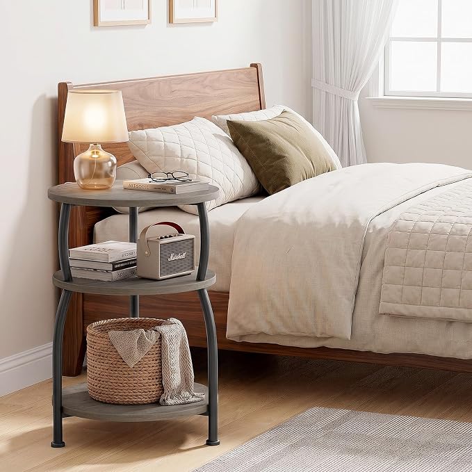 Round Side Table, 3-Tier End Table with Storage Shelf, 15.7" Wide Nightstand for Small Spaces, Tall Sofa Table Capable of Holding Laptops & Lamps, Bedside Table for Bedroom & Living Room, Grey