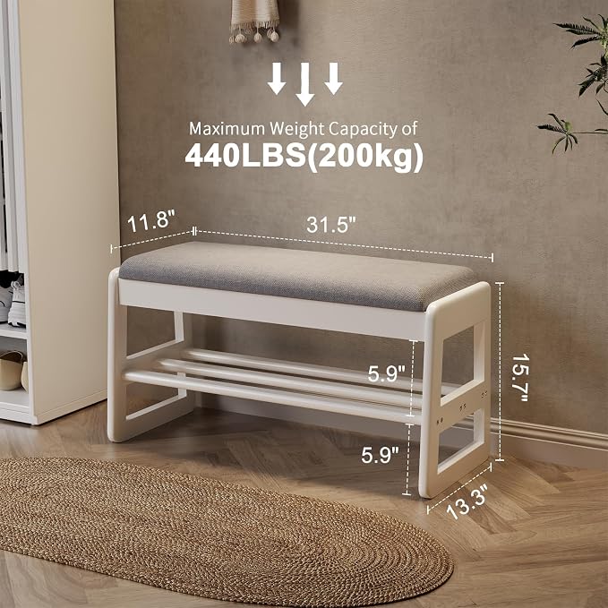 AQIMUELE Shoe Rack Bench,2 Tiers Shoe Bench with Storage with Flip-Top,Wood Shoe Rack for Entryway,Hallway（White Upholstered Seat,11.8" D x 31.5" W x 15.7" H）