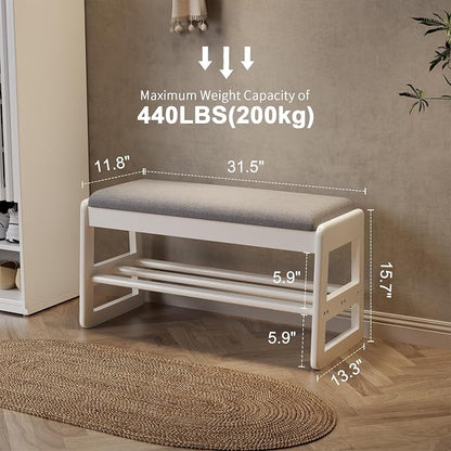 AQIMUELE Shoe Rack Bench,2 Tiers Shoe Bench with Storage with Flip-Top,Wood Shoe Rack for Entryway,Hallway（White Upholstered Seat,11.8" D x 31.5" W x 15.7" H）