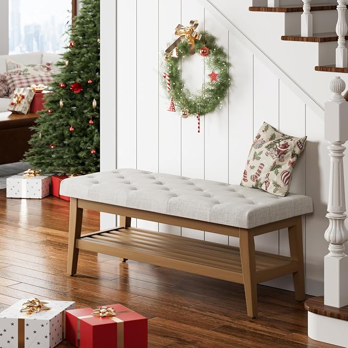 HUIMO Entryway Shoe Bench, End of Bed Bench,Upholstered Button-Tufted Bench for Kitchen, Fabric Ottoman Bench for Living Room, Padded Bench with Solid Wood Shelf Beige
