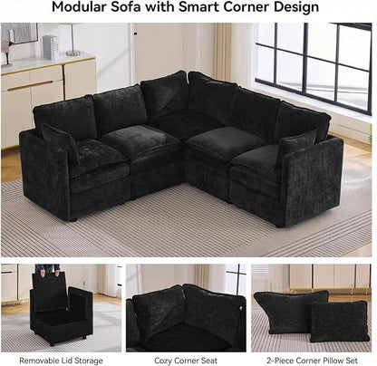 80" Black Modular Storage Sofa, V Shaped Chenille Cloud Couch with Armrest | Oversized Convertible Sectional Sofa, 5-Seat Sectional Couch With Armrests, Large Cloud Couch For Living Room, Apartment.