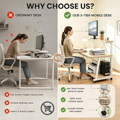 31.5 Inch Compact Rolling Computer Desk with Tier Worktable & Lockable Wheels, Small Computer Desk, Small Desk for Bedroom, Mobile Writing Workstation Easy Assembly for Home Office Small Spaces