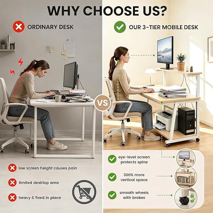 39.4 Inch Compact Rolling Computer Desk with Tier Worktable & Lockable Wheels, Small Computer Desk, Small Desk for Bedroom, Mobile Writing Workstation Easy Assembly for Home Office Small Spaces