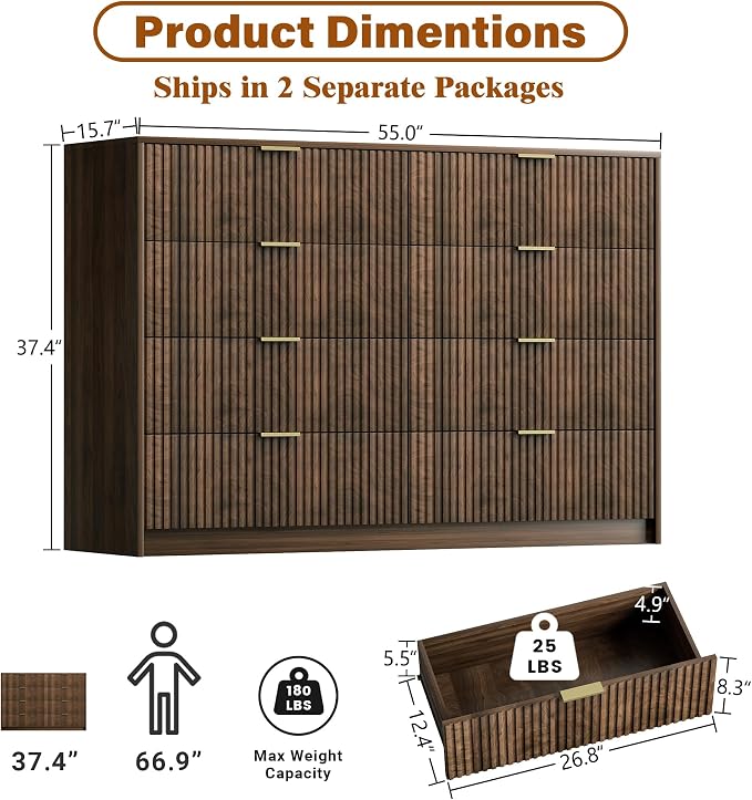 Furniway Walnut Dresser for Bedroom, Modern Dresser with 8 Drawers and Smooth Slides, Wide Chest of Drawers with Golden Handles for Bedroom, Closet, 15.7" D x 55" W x 37.4" H