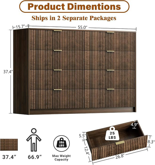 Furniway Walnut Dresser for Bedroom, Modern Dresser with 8 Drawers and Smooth Slides, Wide Chest of Drawers with Golden Handles for Bedroom, Closet, 15.7" D x 55" W x 37.4" H