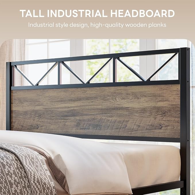 LIKIMIO California King Bed Frame, Tall Industrial Headboard 51.1 ", Platform Bed Frame with Strong Metal Support, Solid and Stable, Noise Free, No Box Spring Needed, Easy Assembly, Rustic Maple