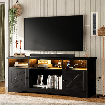Casaottima TV Stand for 65 Inch TV, Farmhouse Entertainment Center with Power Outlet & LED Light and Storage Cabinets, Console Table and Media Furniture for Living Room Bedroom, Black