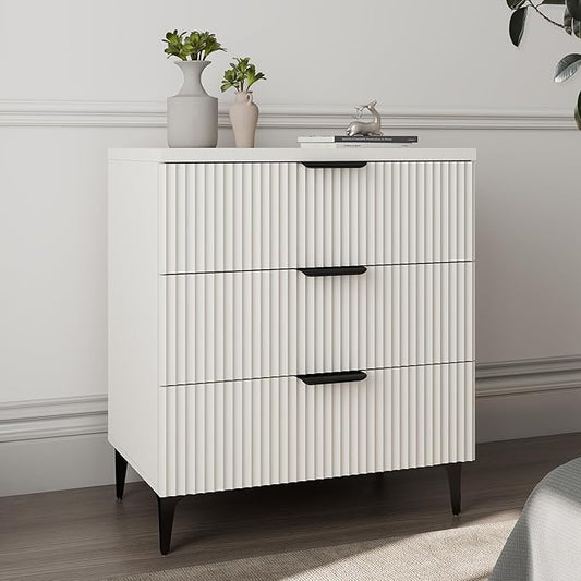 25.6" W Fluted Nightstand with 3 Drawer, Modern Wood Night Stands Bedside Table for Bedroom King/Queen Bed, End Table with Robot-Friendly Legs for Living Room,Entry (3 Drawers-1pcs-White)